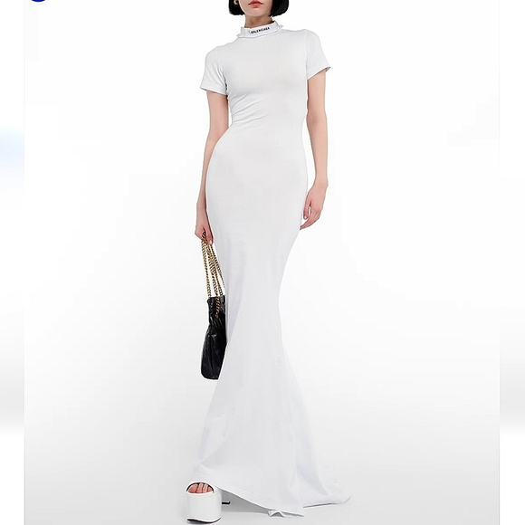 NWT$1,850 BALENCIAGA White Cotton T-Shirt Neckline Maxi Gown Dress Sz XS - Picture 3 of 16